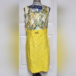Dressbarn Bright Yellow Floral Office Dress High Midriff Waist Size 14